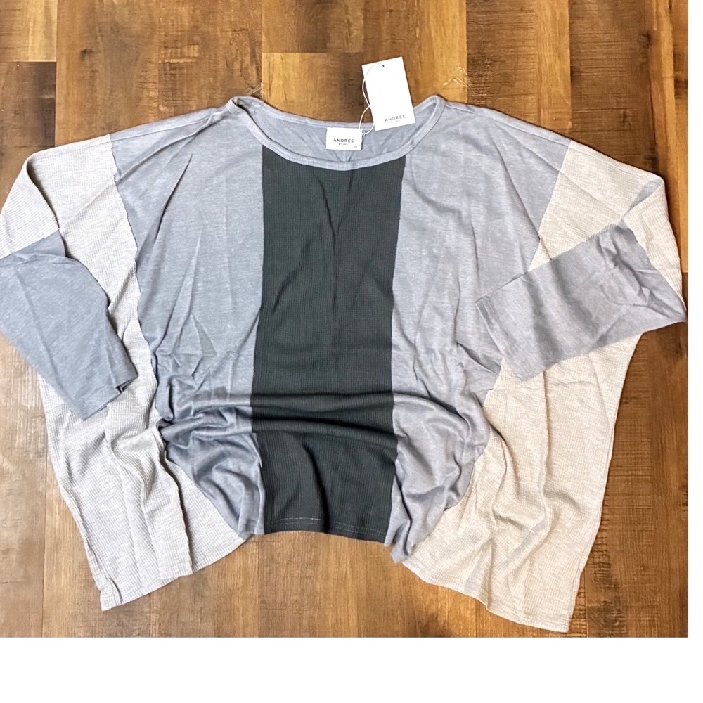 Andree by Unit Womens 2X Colorblock Waffle Knit Tunic Top Gray Blue NWT OS